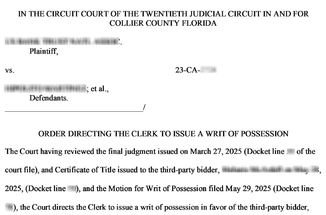 Official Writ of Possession document details for real estate execution in Naples Florida